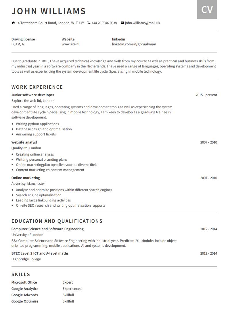 CV de exemplo gratuito